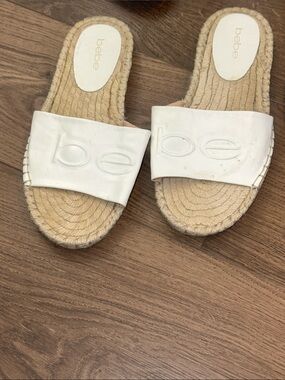 bebe White Slide Espadrille Sandals with Embossed Logo
